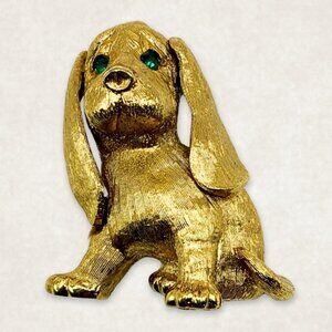 Vintage Brooch Dog, Puppy Gold Green Eyes, 60's, Crystal, Basset, Monet